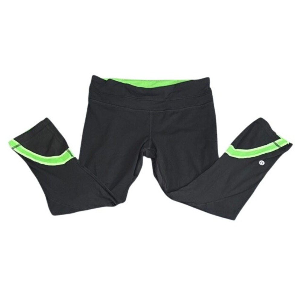 Lululemon Black Neon Green Stripe Cropped Leggings Womens‎ Size 6 Yoga Pants